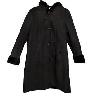 Aston Sheepskin Shearling Coat Leather Drawstring Hooded Button Front Brown 10